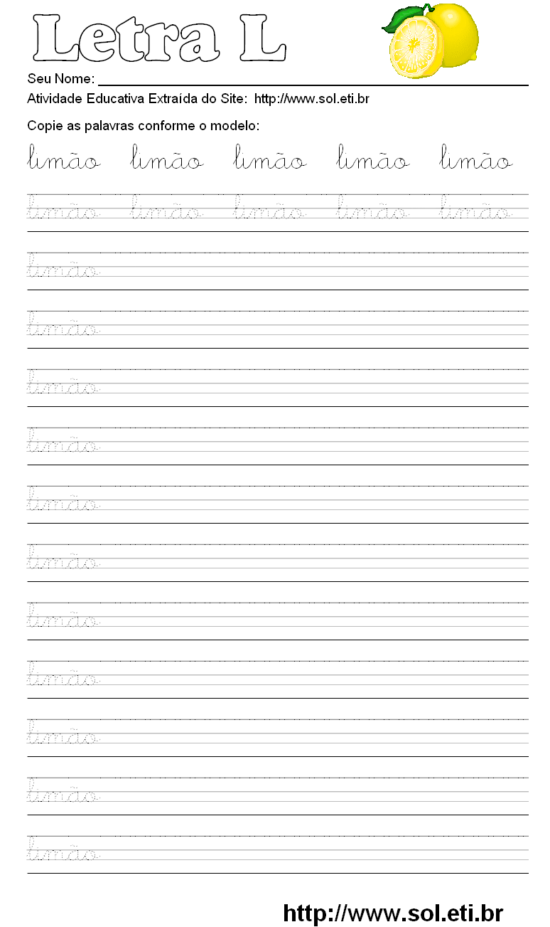 Atividade Pontilhada Com a Letra L de LIMÃO.