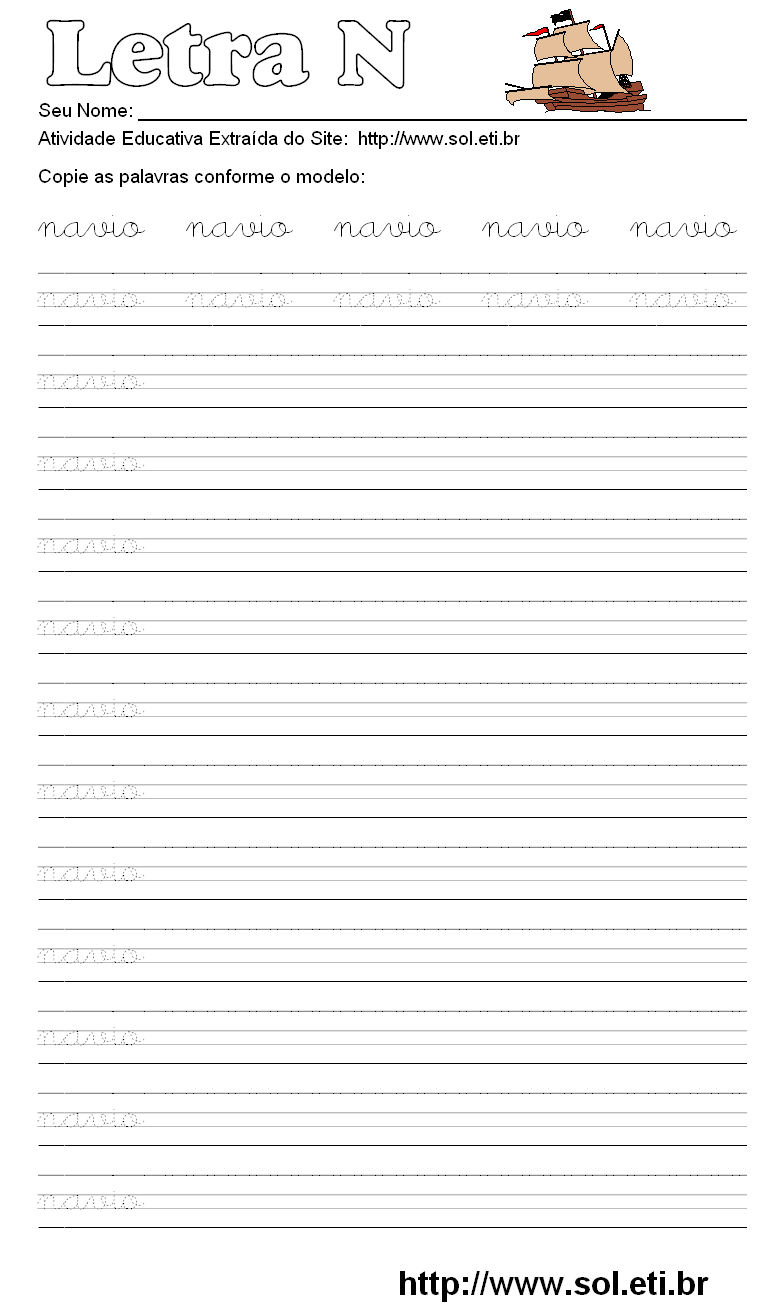 Atividade Pontilhada Com a Letra N de NAVIO.