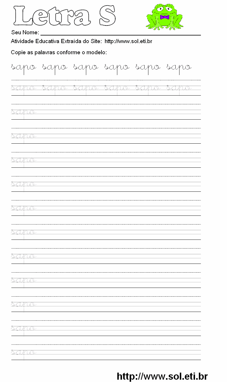 Atividade Pontilhada Com a Letra S de SAPO.