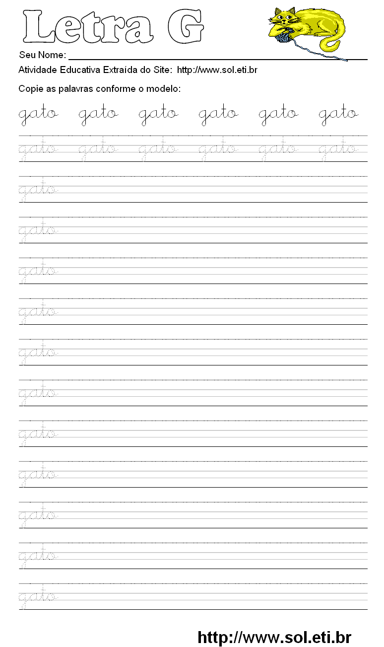 Atividade Pontilhada Com a Letra G de GATO.