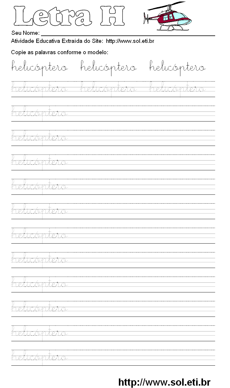 Atividade Pontilhada Com a Letra H de HELICÓPTERO.