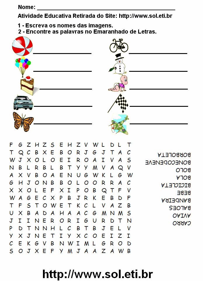 Jogo Educativo de Caça Palavras Para Imprimir Com Imagens, Letras