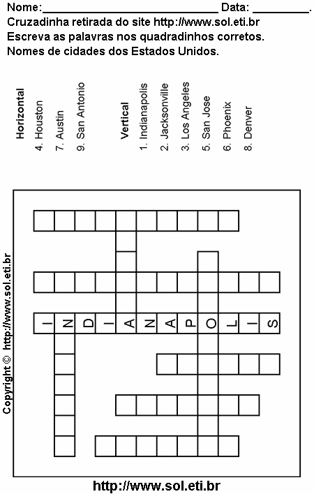 Cruzadinha Para Imprimir Com Nomes de Cidades dos Estados Unidos 1