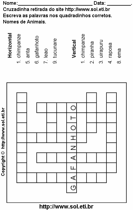 Cruzadinha Para Imprimir Com Nomes de Animais 2