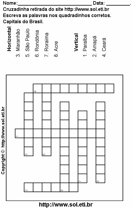 Cruzadinha Para Imprimir Com Capitais do Brasil 13