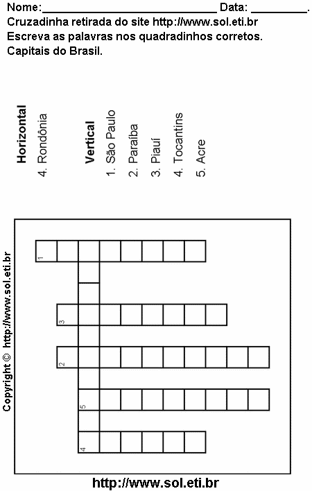 Cruzadinha Para Imprimir Com Capitais dos Estados do Brasil 2