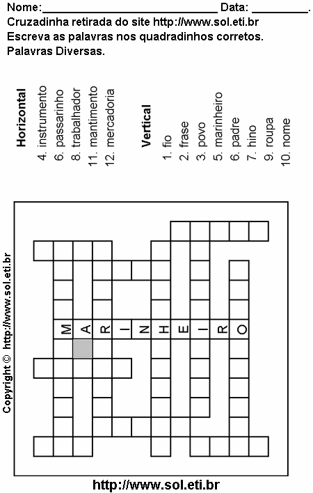 Cruzadinha Para Imprimir Com Palavras da Língua Portuguesa 10