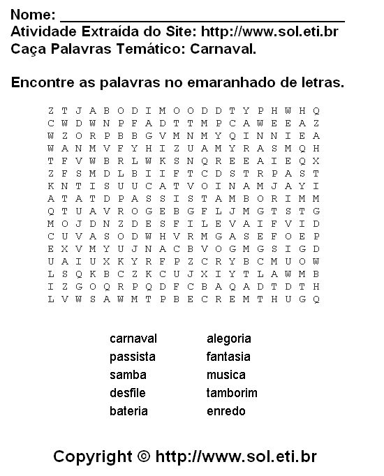 Caça Palavras Para Imprimir. Passatempo Nº 1. Passatemo Nº 22.