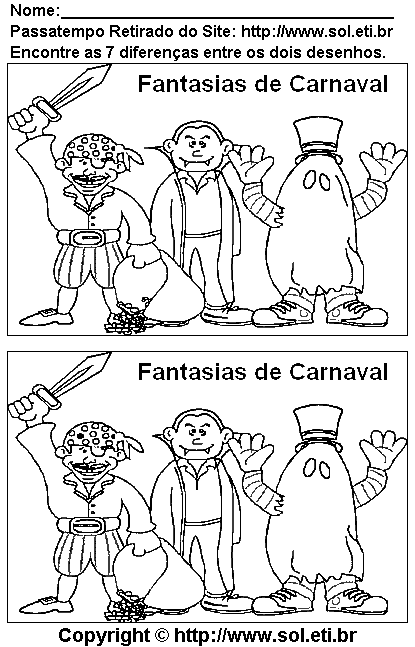 Jogo dos Sete Erros Para Imprimir: Fantasias de Carnaval.
