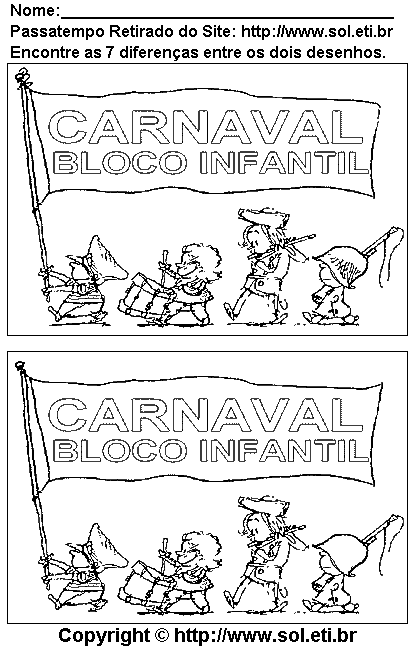 Jogo dos Sete Erros Para Imprimir: Fantasias de Carnaval.