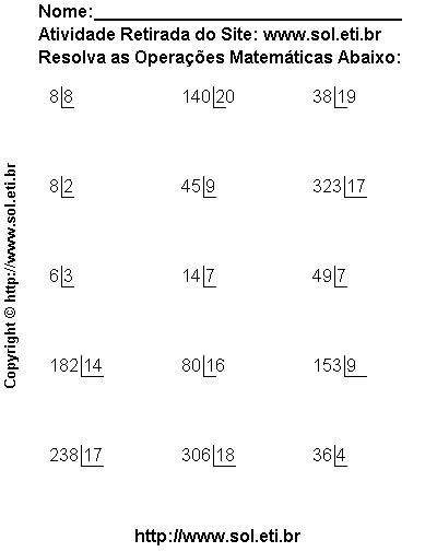 EXERCÍCIOS DE DIVISÃO MATEMÁTICA