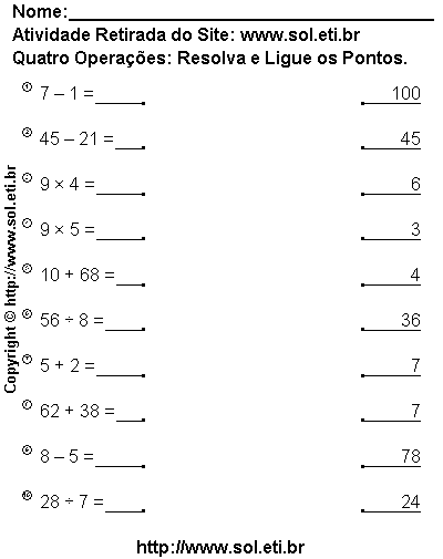 Jogo das Quatro Operações: Faça as Contas e Ligue Com Um Traço ao Resultado  Correto. Atividade Educativa Grátis.