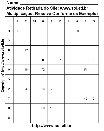 Lista-de-exercícios-de-tabuada-de-multiplicação - Matemática Geral