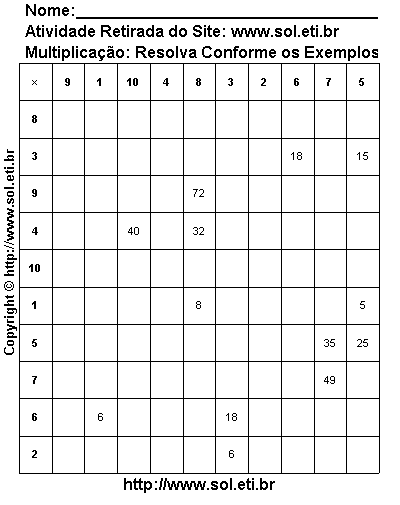 Matemática: Tabuada de Multiplicação em Linhas e Colunas em Forma de  Tabela. Exercicios Prontos Para Imprimir. Atividade Escolar Grátis.