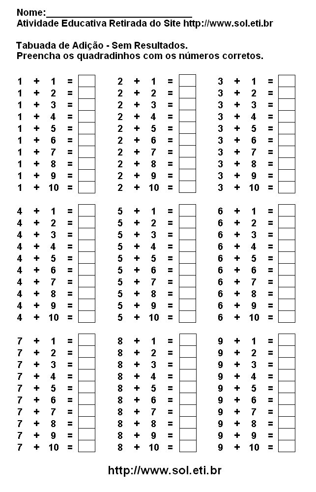Tabuada completa para imprimir de multiplicação: 2, 3, 4, 5, 6, 7, 8, 9