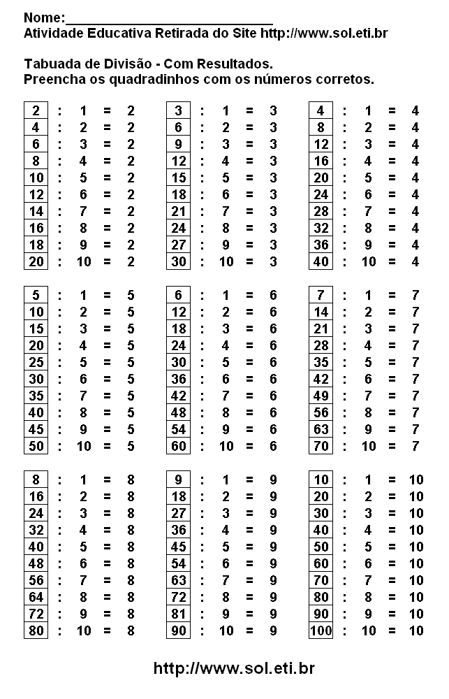 Tabuada de Dividir Para Imprimir Com Resultados: Passatempo Com Contas de  Divisão Matemática. Atividade Pedagógica Grátis.