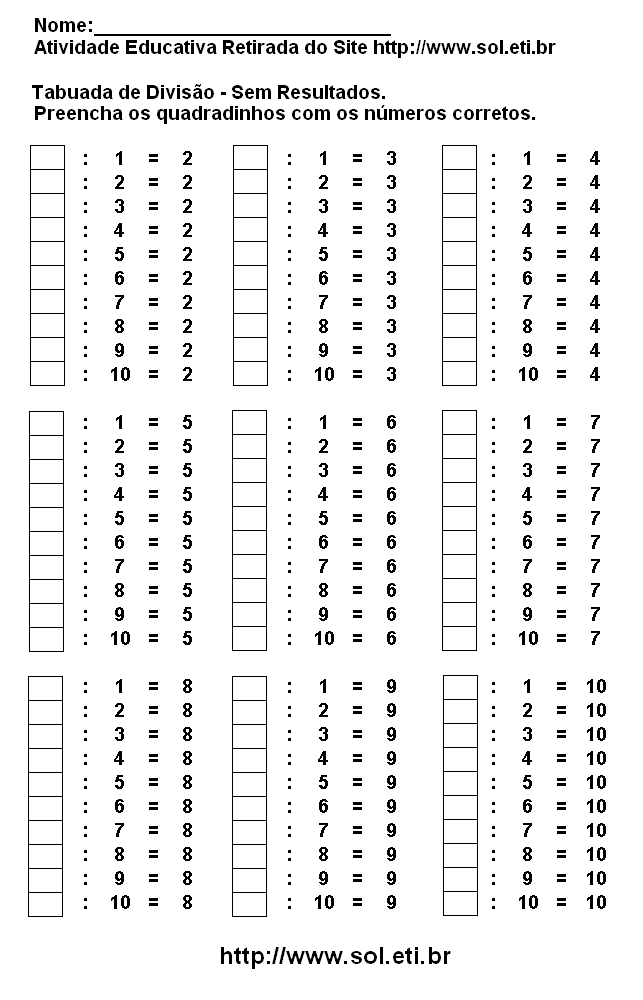 Tabuada de Subtração do 3