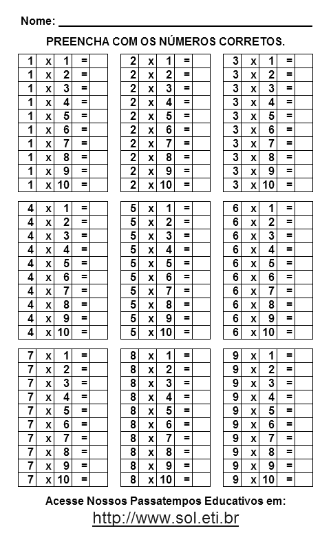 Tabuada de MULTIPLICAÇÃO para imprimir grande