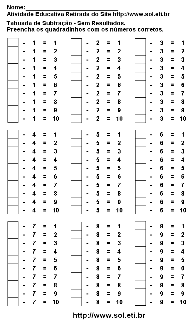 Tabuada de Subtração do 3