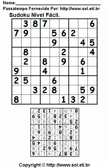 Jogo Sudoku 9 x 9 Para Imprimir Com Resposta. Jogo Nº 132.