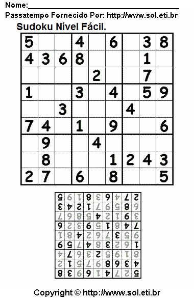 Jogo Sudoku 9 x 9 Para Imprimir Com Resposta. Jogo Nº 132.