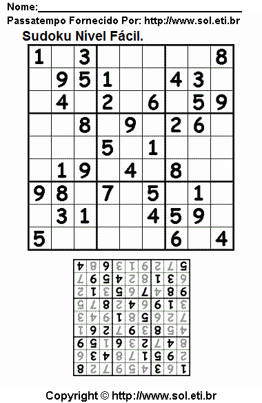 Jogo Numérico Sudoku Para Imprimir Com Resposta. Jogo Nº 134.