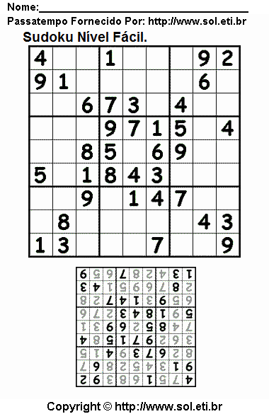 Passatempo Sudoku Fácil Para Imprimir. Jogo Nº 91.