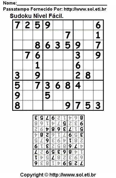 Passatempo Sudoku 9 x 9 Com Respostas Para Imprimir. Jogo Nº 28.