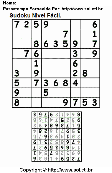 Passatempo de Lógica Matemática Sudoku Com Respostas. Jogo Nº 579.