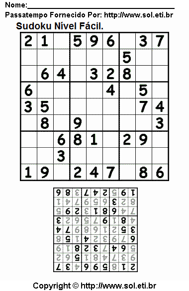 Jogo de Lógica Matemática Sudoku Para Imprimir Com Respostas. Jogo