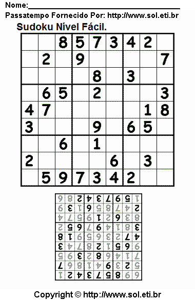 Jogo de Lógica Matemática Sudoku Para Imprimir Com Respostas. Jogo