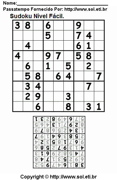 Jogo de Lógica Matemática Sudoku Para Imprimir. Jogo Nº 585.