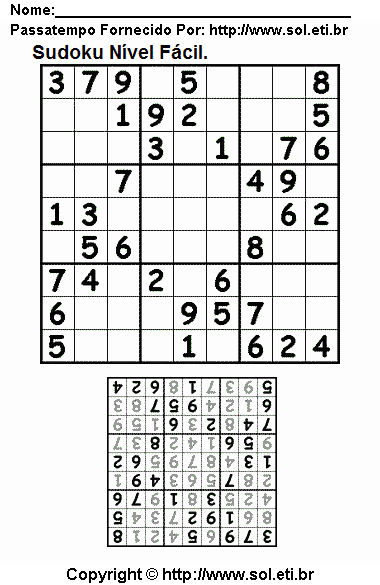 Jogo de Lógica Matemática Sudoku Para Imprimir Com Respostas. Jogo