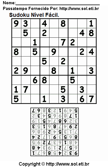 Sudoku Para Imprimir em Uma Grade 9 x 9 Com Respostas. Jogo Nº 190.