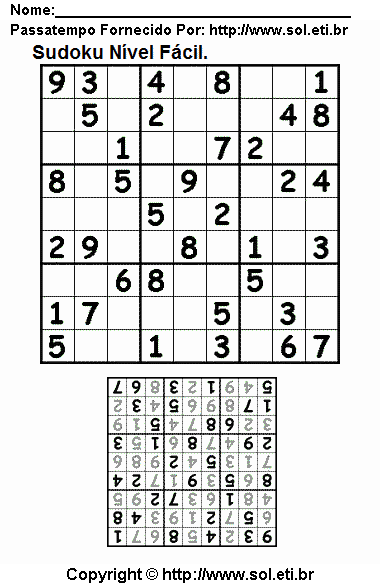 Jogo Sudoku Fácil Com Resposta. Jogo Nº 53.