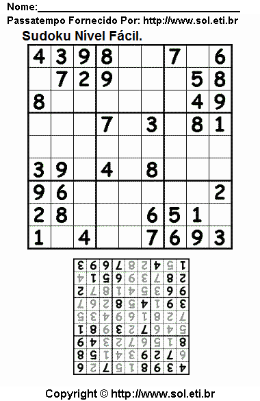 Jogo Sudoku Fácil Com Respostas Para Imprimir. Jogo Nº 58.