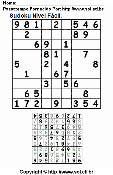 Passatempo Sudoku Fácil Com Resposta. Jogo Nº 722.