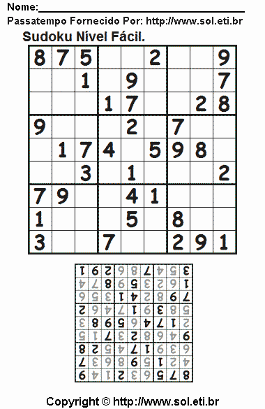 Jogo Sudoku 9 x 9 Para Imprimir Com Respostas. Jogo Nº 252.