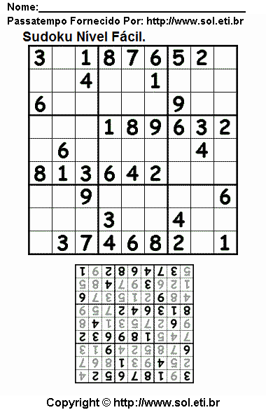 Jogo Sudoku 9 x 9 Para Imprimir Com Respostas. Jogo Nº 252.