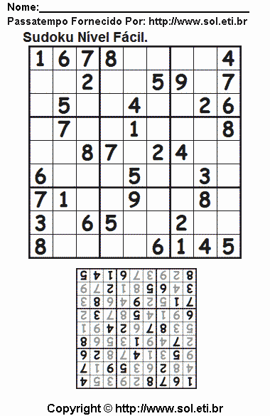 Jogo Sudoku Fácil Com Resposta Para Imprimir. Jogo Nº 459.