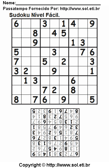 Jogo Sudoku 9 x 9 Fácil Com Respostas Para Imprimir. Jogo Nº 60.