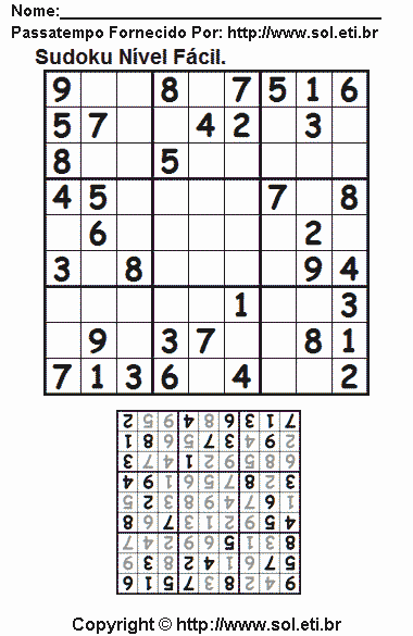 Jogo Com Números Sudoku 9 x 9 Para Impressão. Jogo Nº 774.