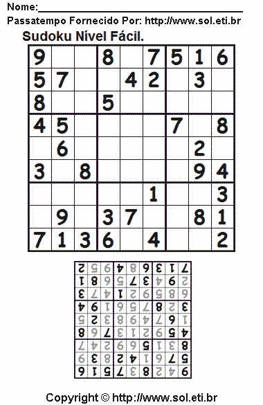 Jogo Sudoku 9 x 9 Fácil Com Resposta. Jogo Nº 55.