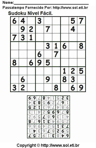 Quebra Cabeça Sudoku Fácil Para Imprimir Com Resposta. Jogo Nº 316.