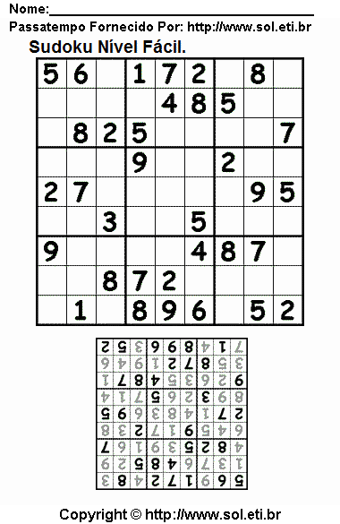 Passatempo Sudoku Fácil Com Resposta. Jogo Nº 722.