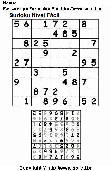 Jogo Sudoku Fácil Com Resposta Para Imprimir. Jogo Nº 258.