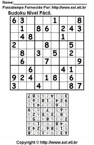 Passatempo Sudoku Fácil Com Respostas. Jogo Nº 30.