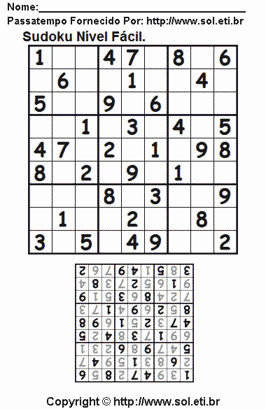 Sudoku Para Imprimir Com Respostas. Jogo Nº 1.