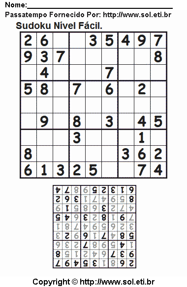 Quebra Cabeça Sudoku Fácil Para Imprimir Com Resposta. Jogo Nº 316.