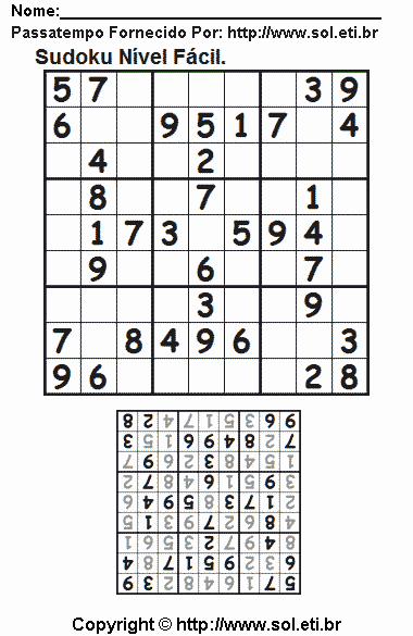 Jogo Numérico Sudoku Para Imprimir Com Resposta. Jogo Nº 134.